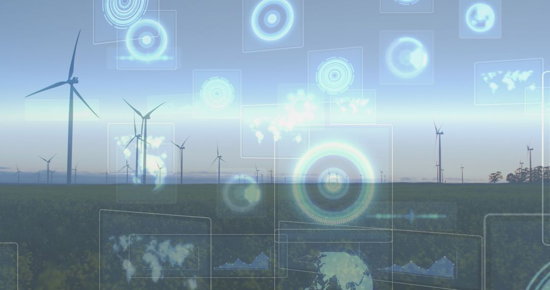 Wind Turbines with Futuristic Holographic Overlays at Renewable Energy Site