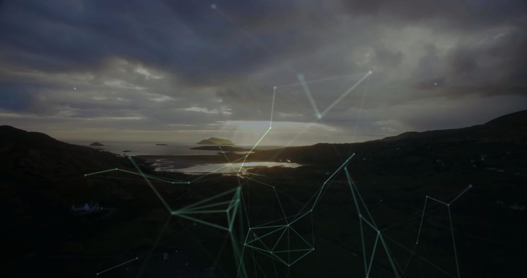Dusk Landscape with Futuristic Network Overlays