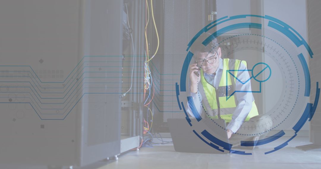 Engineer Discussing Solutions in Data Center with Cybersecurity Overlay