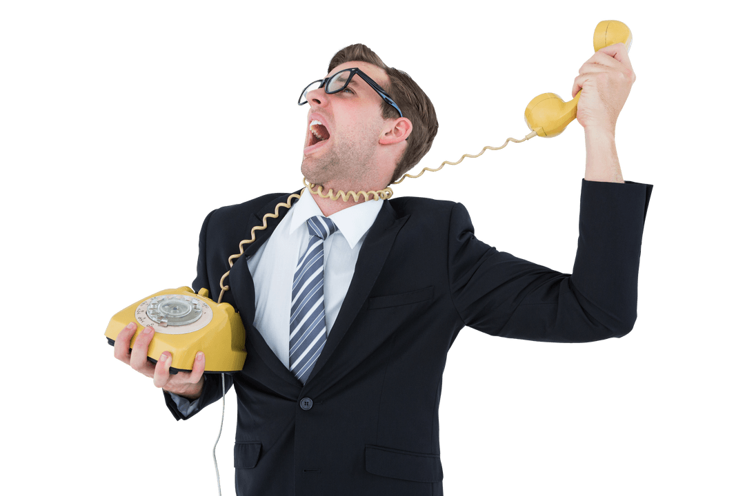 Transparent Geeky Businessman Strangled by Corded Phone Expression