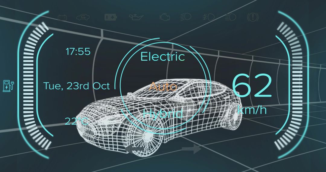 Futuristic Electric Car Wireframe with HUD Display Elements