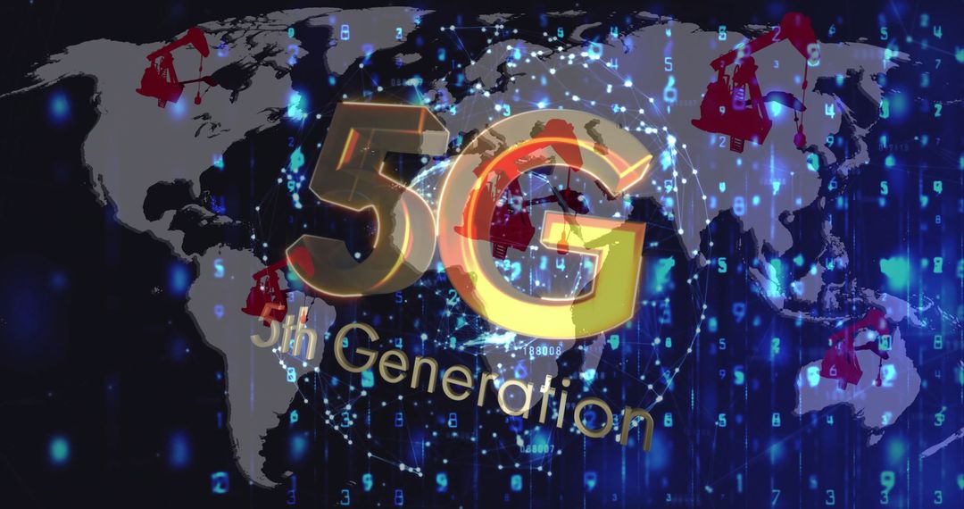 5G Network Overlaying World Map with Pump Jacks and Connectivity