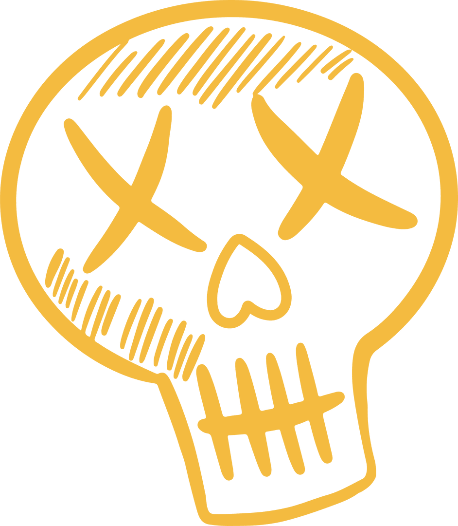 Yellow Skull Line Art with Heart Nose on Transparent Background