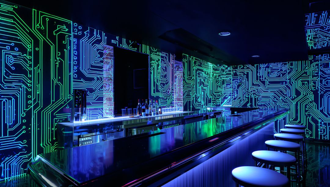Futuristic Neon Circuitry Cocktail Bar Interior Glossy Reflective Counter Round Stools