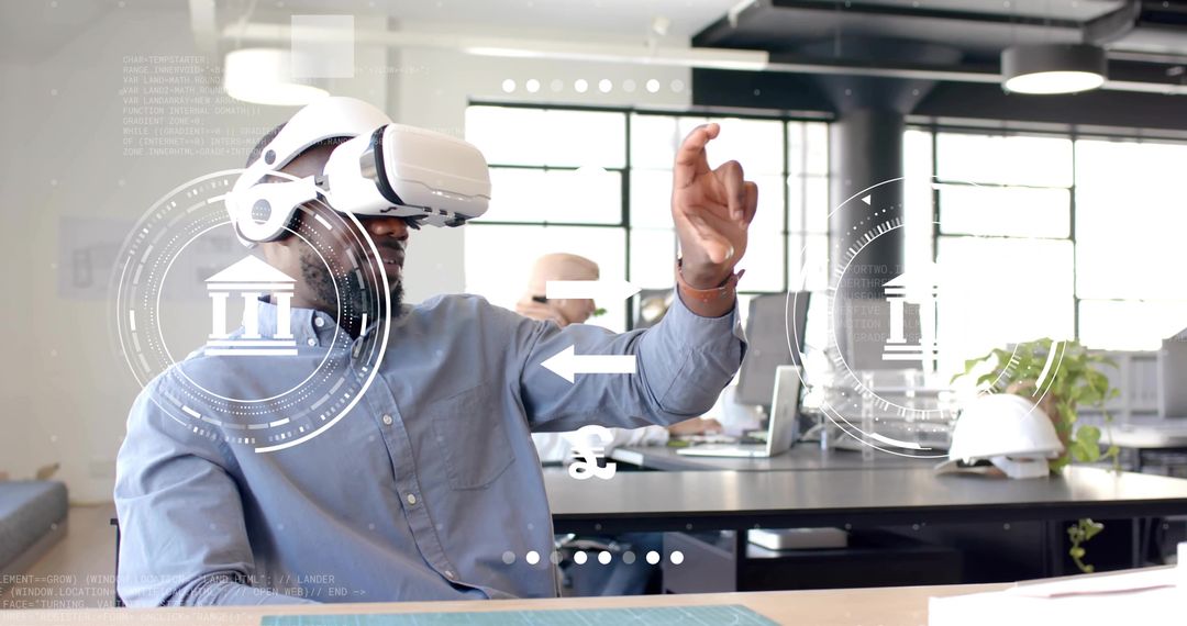 Man Using VR Headset in Modern Office with Holographic Interface