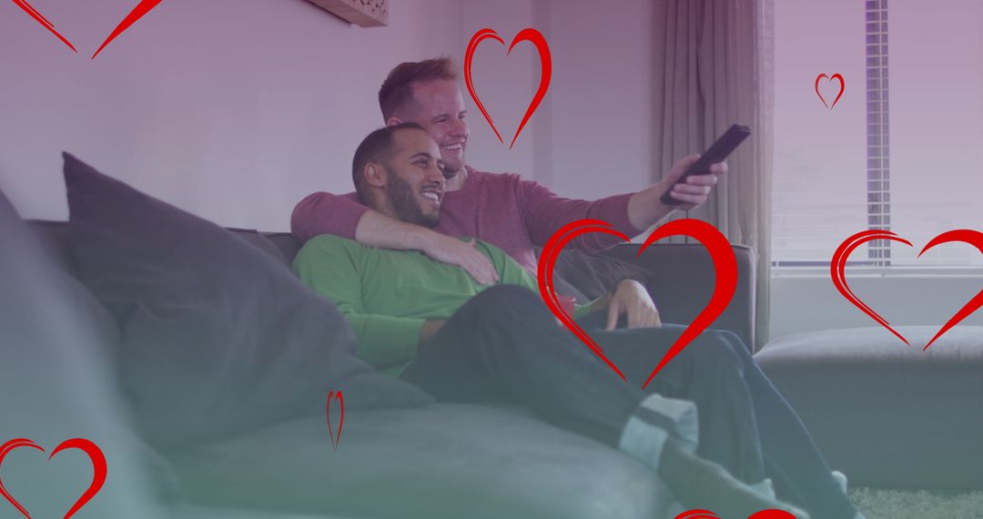 Diverse Gay Couple Celebrating Love While Watching TV Together