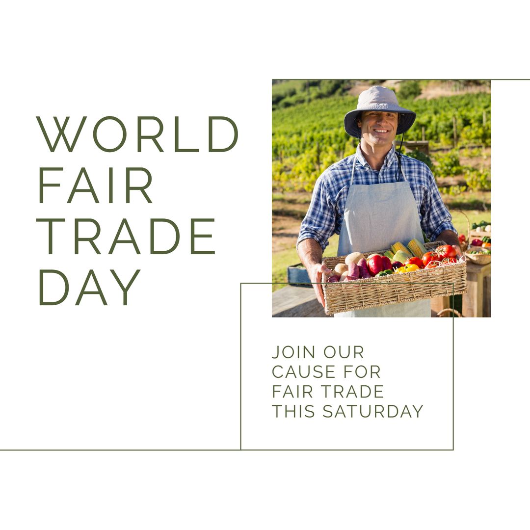 World Fair Trade Day Banner with Smiling Farmer Holding Fresh Produce Basket - Download Free Stock Templates Pikwizard.com