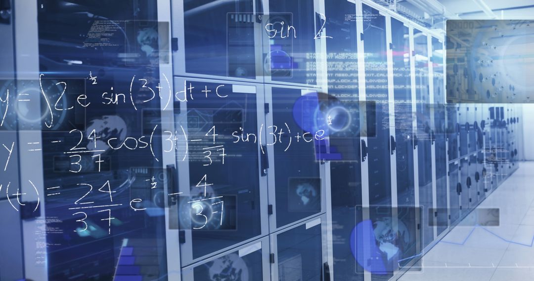 Digital Interface With Server Room and Mathematical Formulas