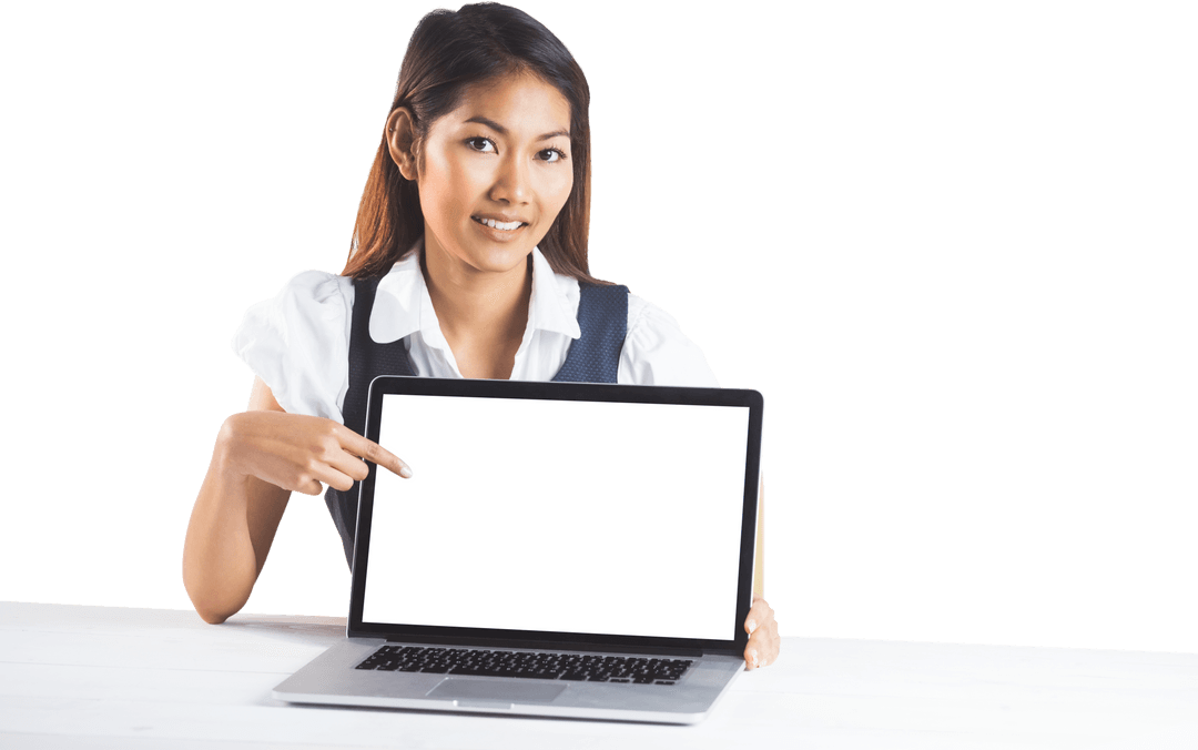 Businesswoman Pointing at Laptop Transparent Screen for Presentation