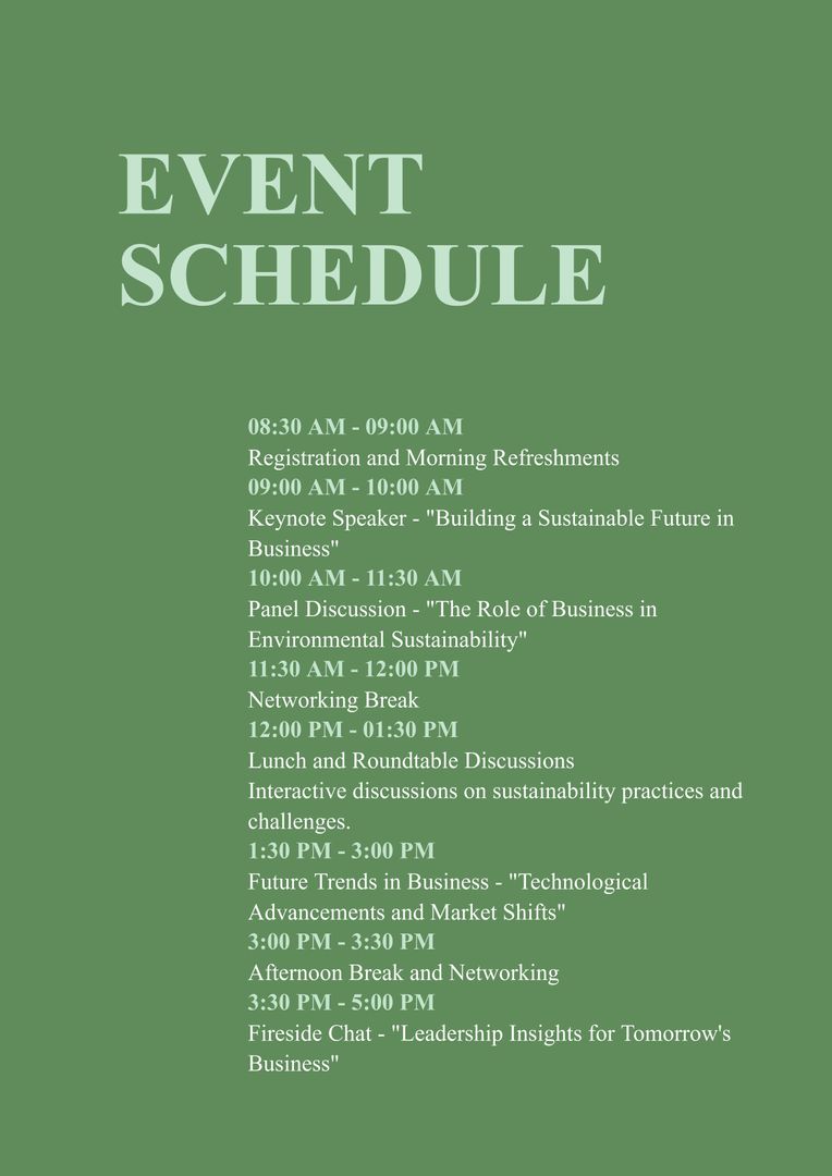 Event Schedule Template with Green Background and White Text - Download Free Stock Templates Pikwizard.com