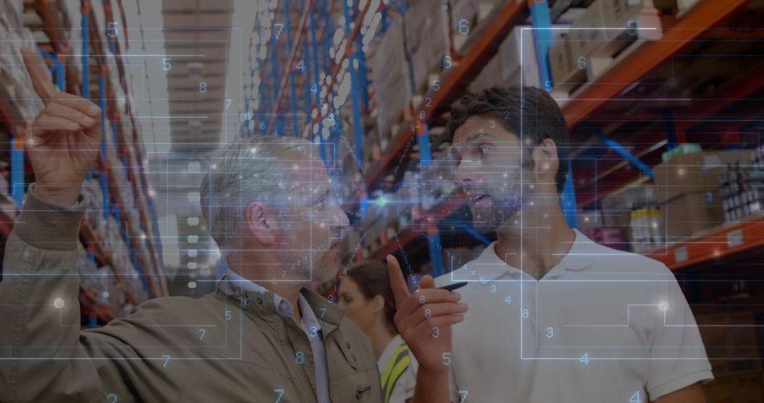 Warehouse Managers Analyzing Inventory with Digital Interface Overlay