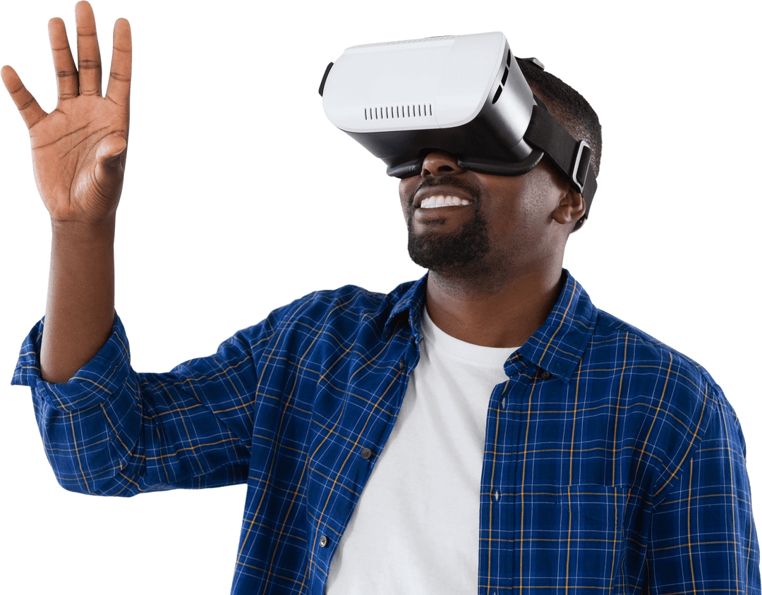 Smiling Man Experiencing Virtual Reality with Transparent Headset