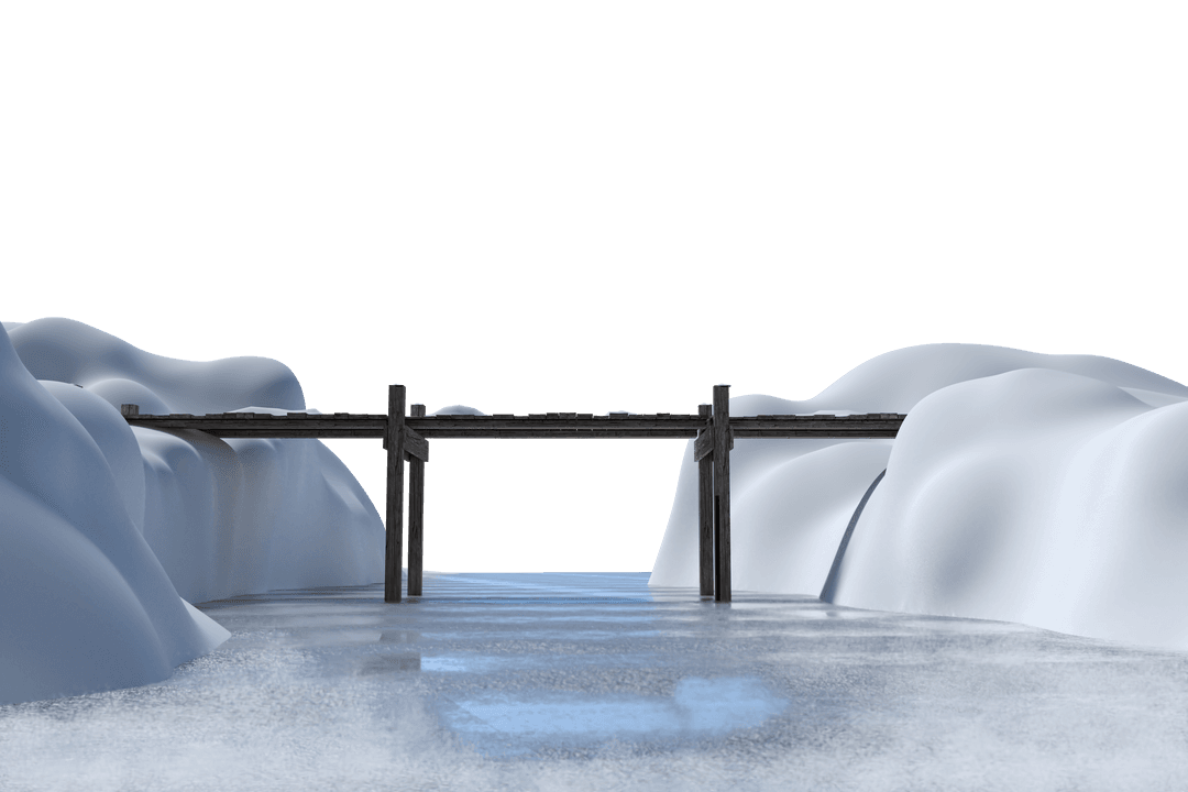 Wooden Bridge Expanding Over Icy River with Transparent Sky