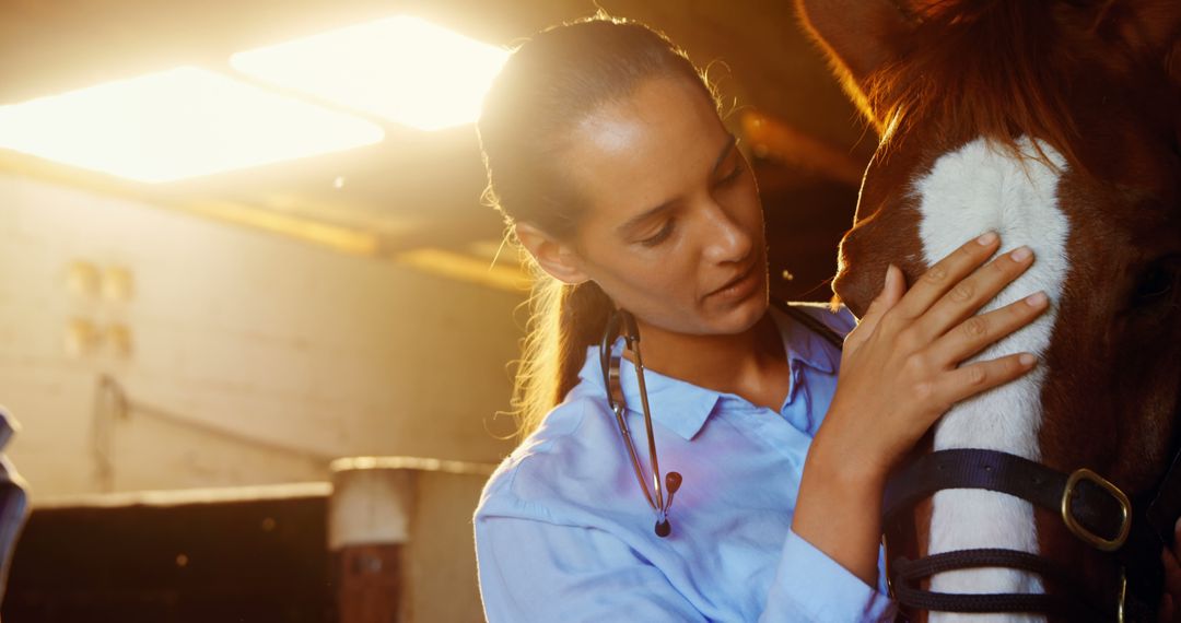 Female Veterinarian Examining Horse in Stable with Sunlight - Free Images, Stock Photos and Pictures on Pikwizard.com