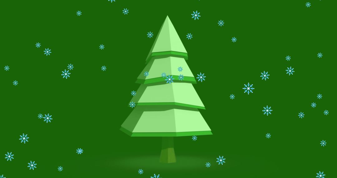 Snowflakes Falling Over Minimalist Christmas Tree on Green Background