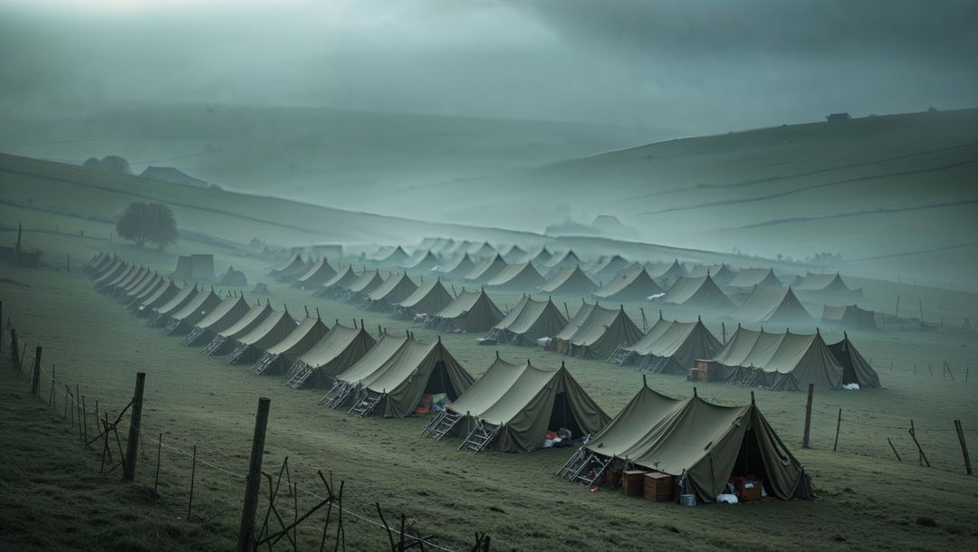 Peaceful camping row in misty first world war pastoral setting