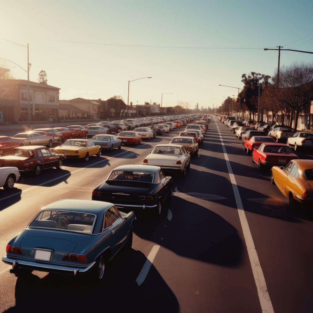 Vintage Cars Stuck in Traffic During Nostalgic Sunset - Free Images, Stock Photos and Pictures on Pikwizard.com