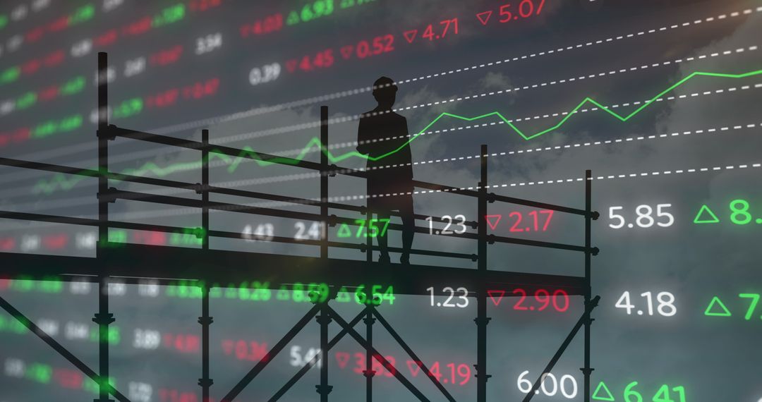 Female Architect Overlooking Financial Growth Charts on Scaffolding