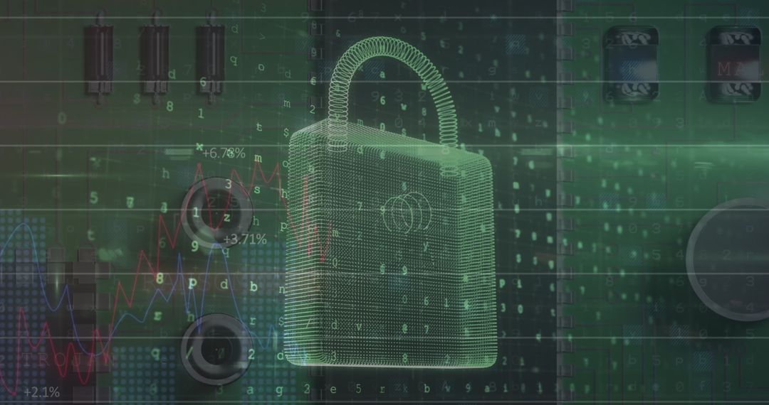 Digital Padlock and Data Graphics on Black Background