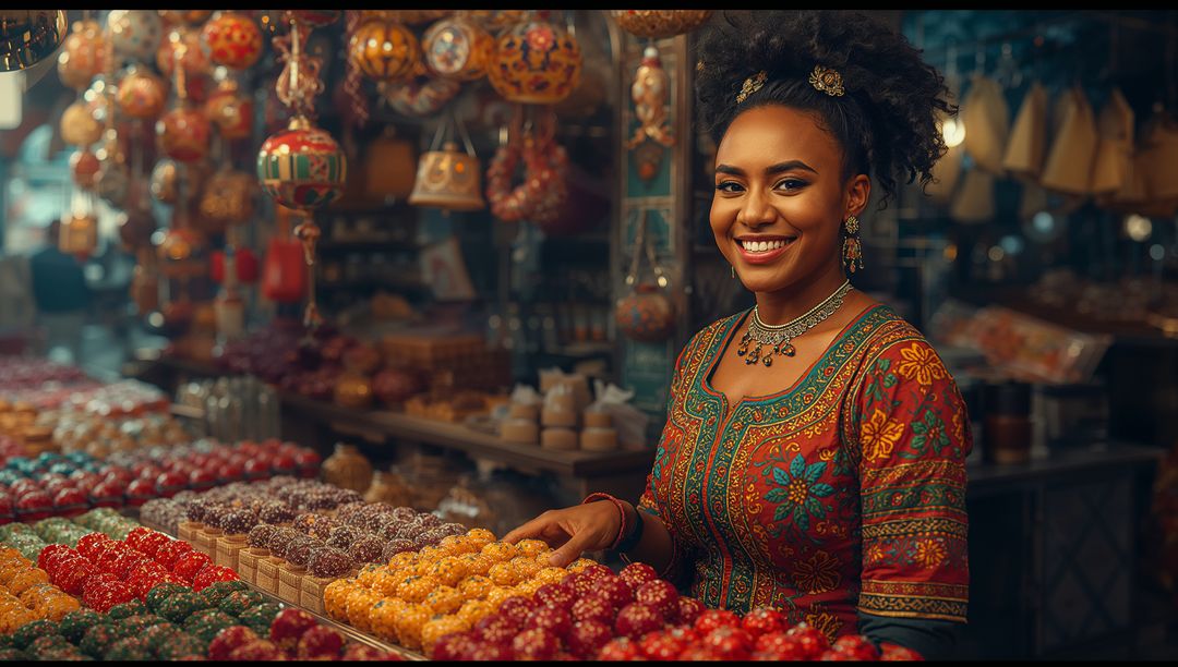 Artisan Stall Displaying Festive Decor and Sweet Confections