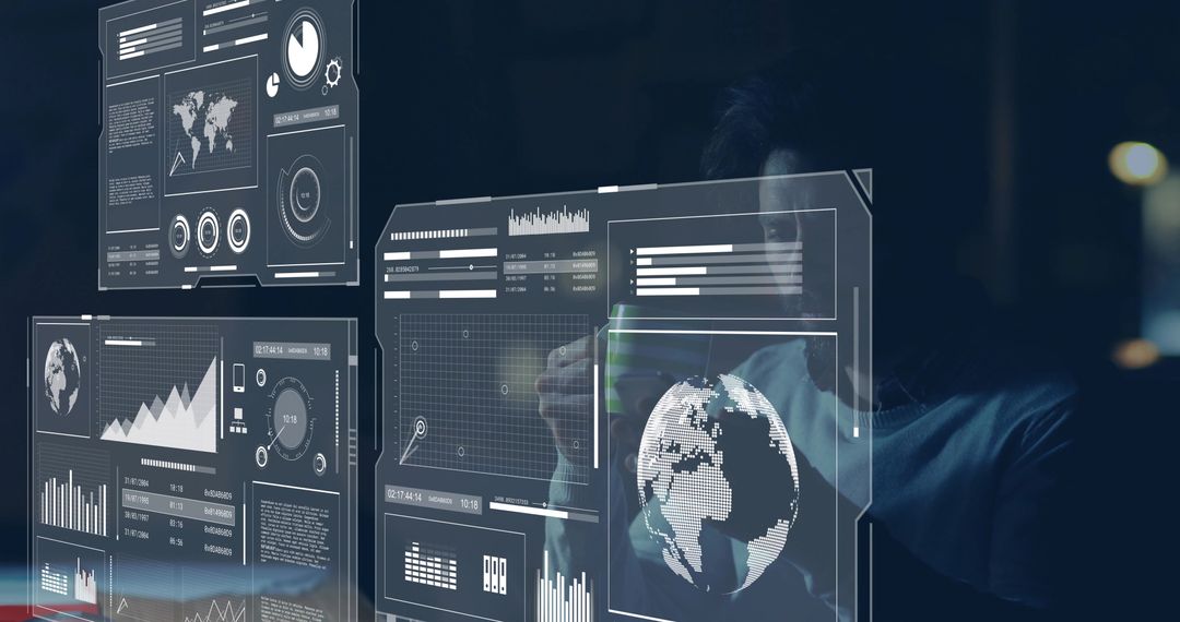 Data Analyst Manipulating Futuristic Holographic Dashboards with 3D Globe and Charts