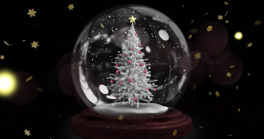 Elegant Snow Globe with Christmas Tree and Falling Golden Snowflakes - Free Images, Stock Photos and Pictures on Pikwizard.com