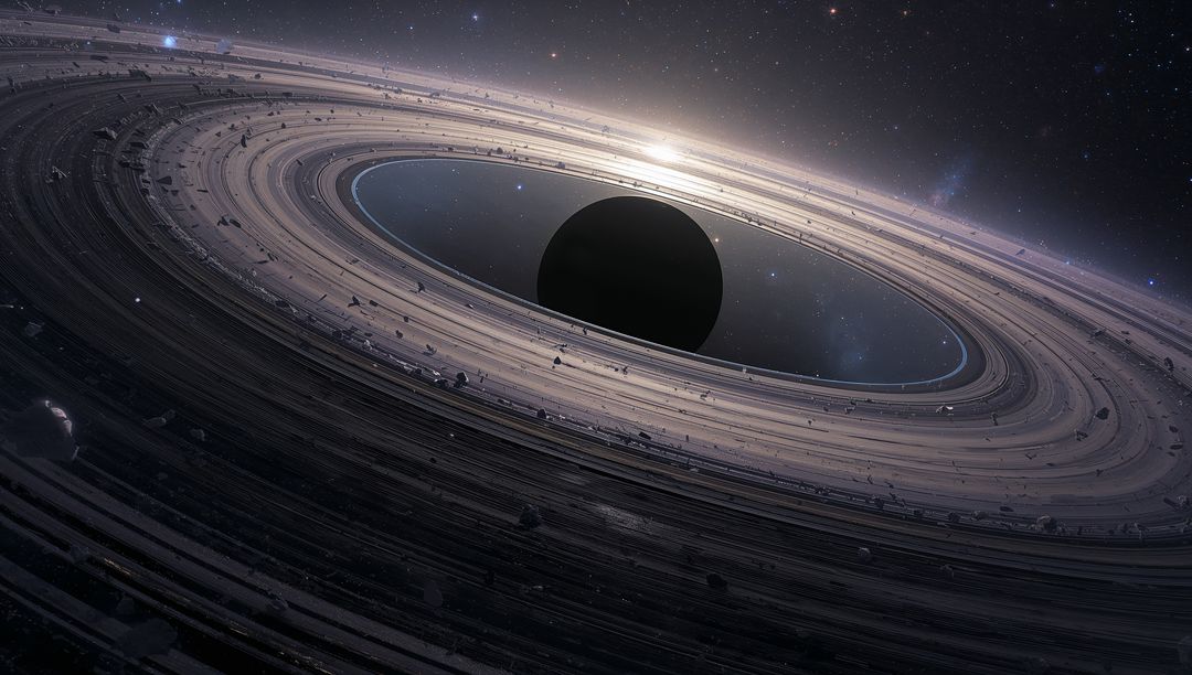 Rim-lit Ringed Planet Casting Light Across Dense Debris Rings Near Distant Star