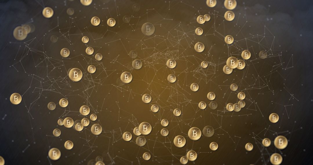 Bitcoin Symbols in Digital Network Over Stormy Sky