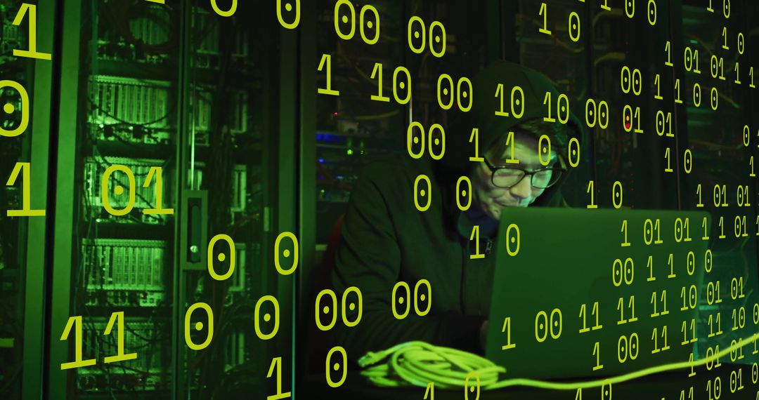 Asian Hacker Computing Amidst Glowing Binary Code and Servers - Free Images, Stock Photos and Pictures on Pikwizard.com