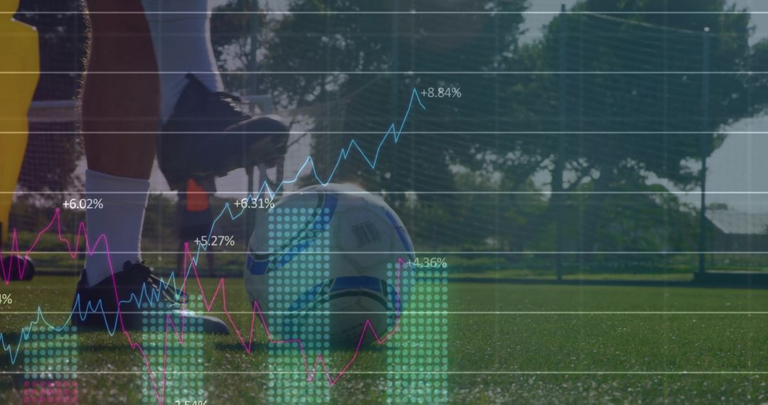 Soccer players placing ball on pitch with sports performance data overlay and analytics