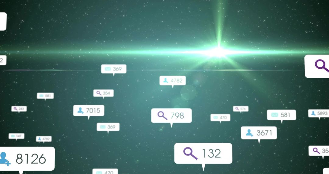 Floating holographic data tags drifting through neon digital space with green lens flare