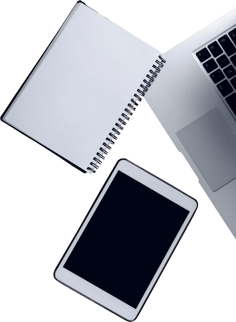 Transparent Digital Tablet and Notepad with Laptop on White Background