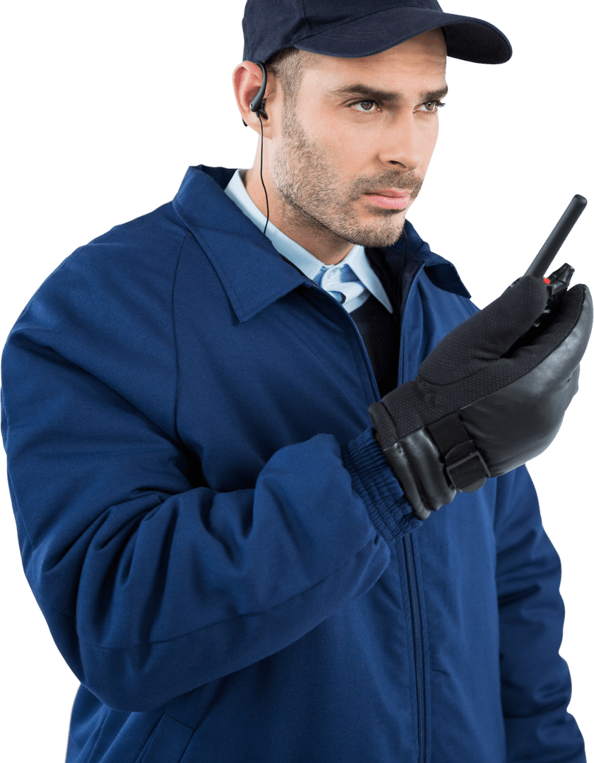 Focused Security Officer Communicating on Transparent Two-Way Radio