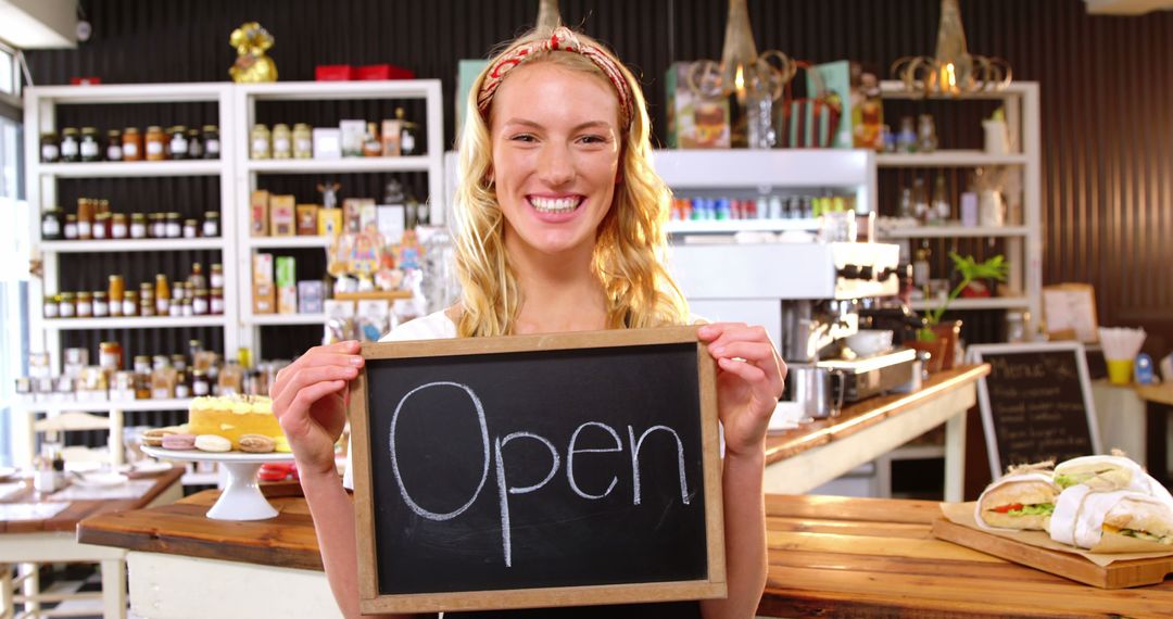 Smiling Cafe Owner Holding Open Sign in Cozy Coffee Shop - Free Images, Stock Photos and Pictures on Pikwizard.com