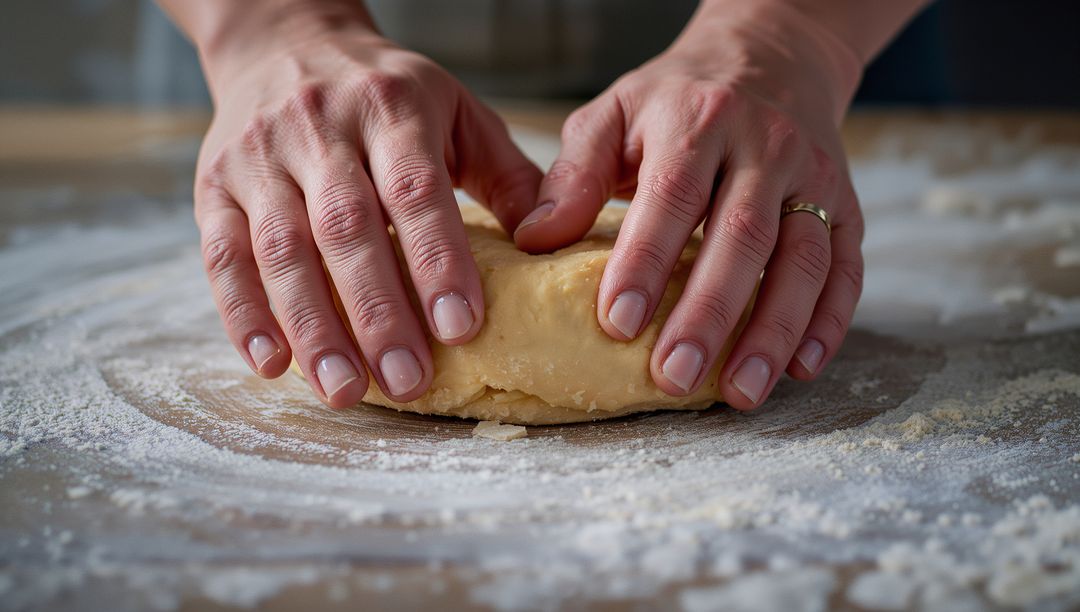 Hands Kneading Dough on Floured Countertop