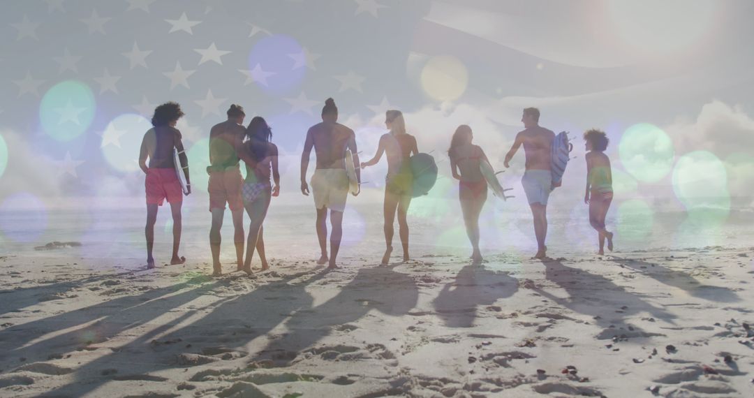 Friends at Beach with American Flag Overlay Celebrating Summer - Free Images, Stock Photos and Pictures on Pikwizard.com