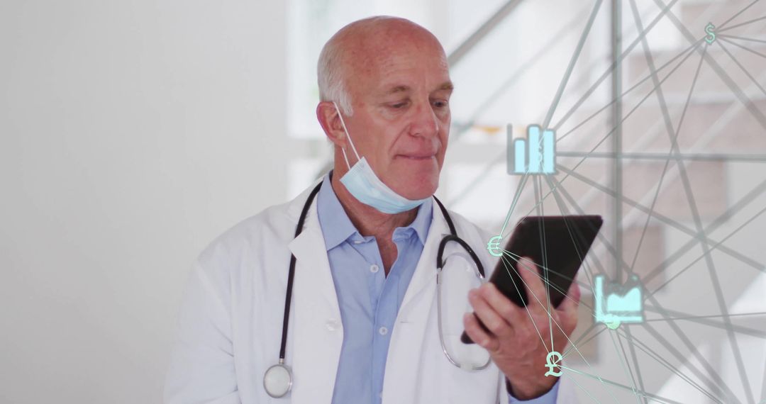 Doctor Analyzing Financial Data Symbols on Tablet, Fusing Medicine with Digital Fintech