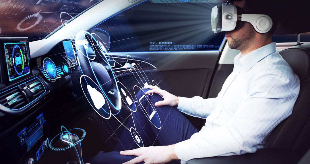 Businessman Experiencing VR in Autonomous Vehicle with Digital Interface