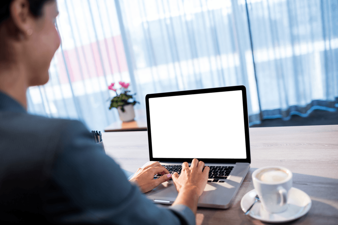 Transparent Screen Work Scene with Woman Using Laptop