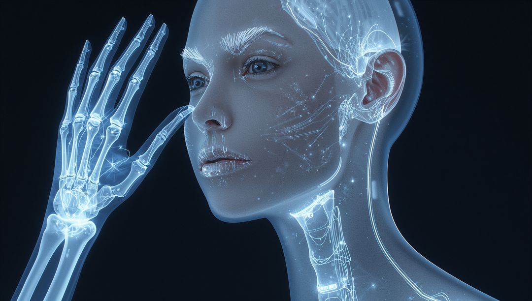 X-ray Futuristic Humanoid Head Glowing with Skeletal Hand and Neural Holographic Filaments