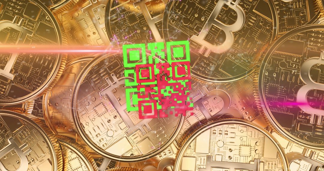 Digital QR Code Overlay on Floating Gold Bitcoins