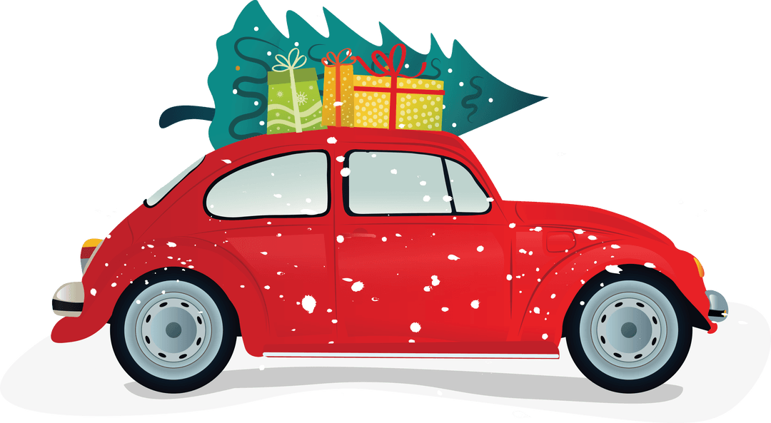 Vintage Car Carrying Christmas Tree and Gifts on Transparent Background
