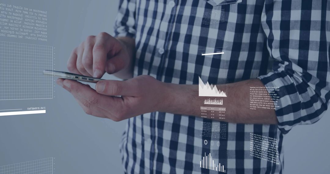 Tapping smartphone with HUD analytics overlay, man wearing blue checkered shirt