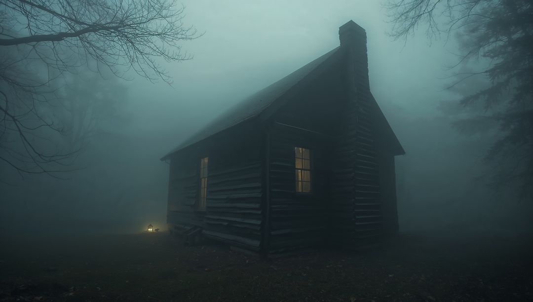 Mysterious Log Cabin in Foggy Forest Atmosphere