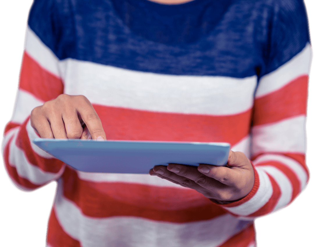 Transparent View of Person in Striped Sweater Using Tablet