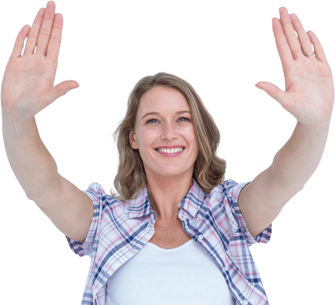 Smiling Woman Framing Blank Space with Hands Transparent Background