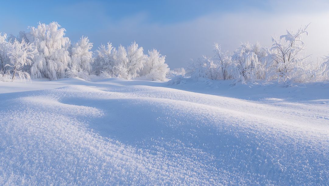 Sparkling Snowdrifts Leading to Frosted Birch Treeline Under Clear Blue Winter Sky