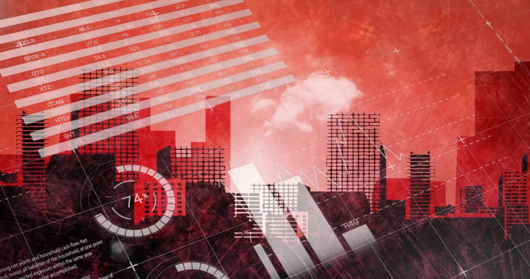 Digital Graphs and Charts Overlay on Urban Sunset Cityscape