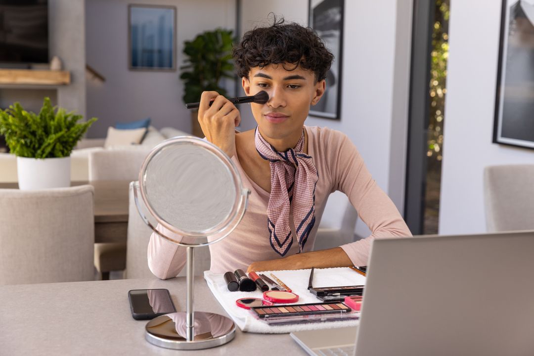 Man Practicing Makeup Skills in Stylish Home Environment