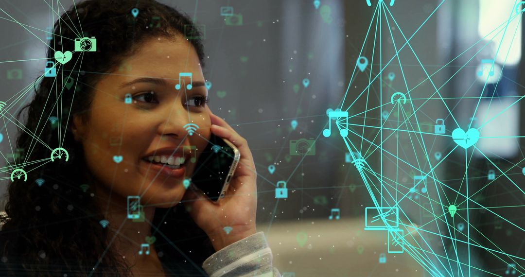 Smiling Woman on Smartphone with Digital Communication Icons
